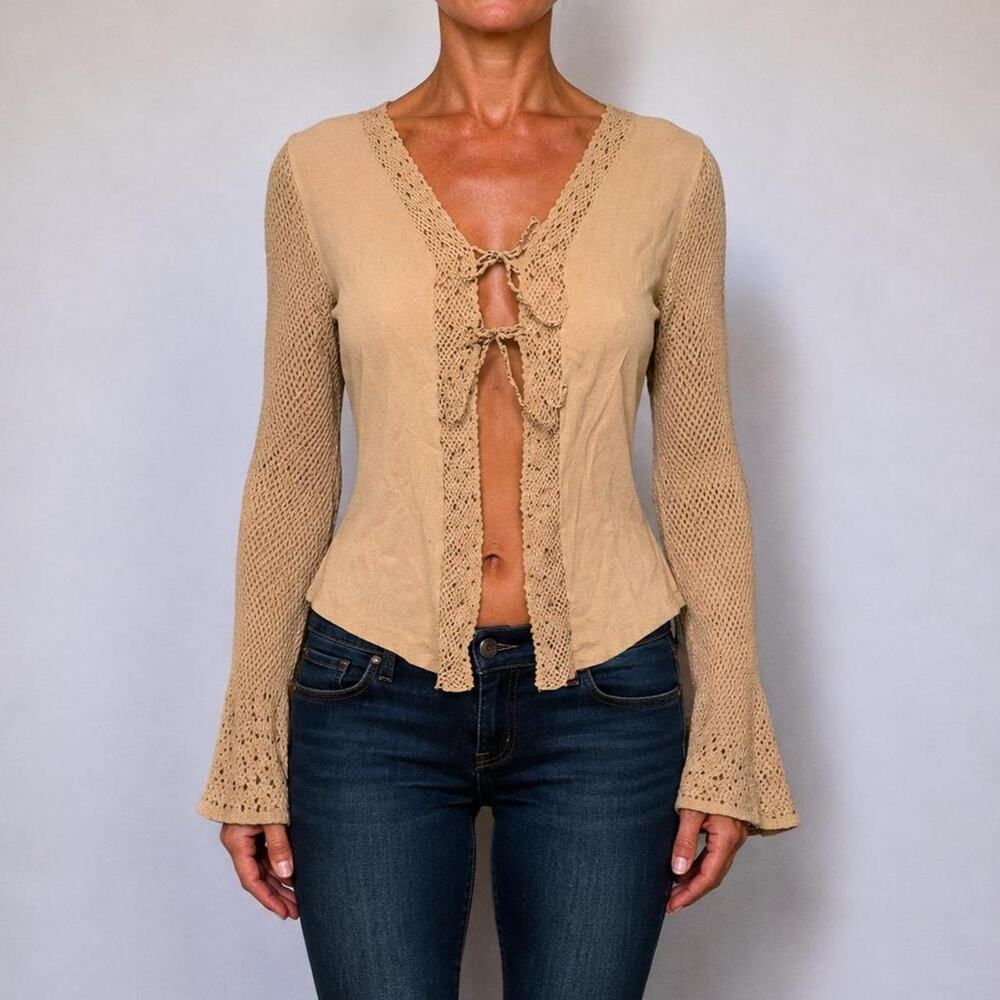 2000s Boho Fairy Tan Beaded Crochet Bell Sleeve Tie Front Blouse Cardigan Size M